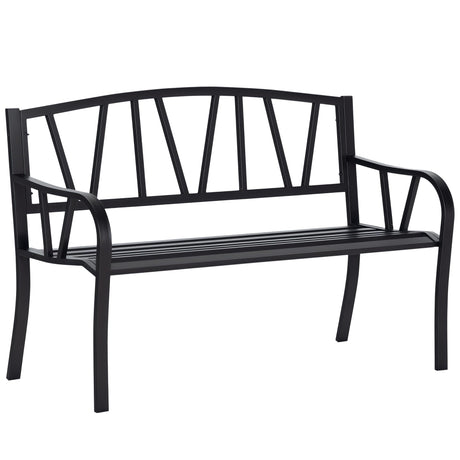 Outsunny 50" Outdoor Bench, Metal Garden Bench with V-Shaped Pattern Backrest, Porch Bench with Slatted Seat for Park, Yard, Lawn, Black Outsunny