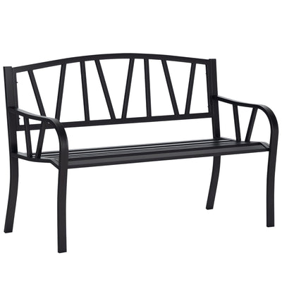 Outsunny 50" Outdoor Bench, Metal Garden Bench with V-Shaped Pattern Backrest, Porch Bench with Slatted Seat for Park, Yard, Lawn, Black