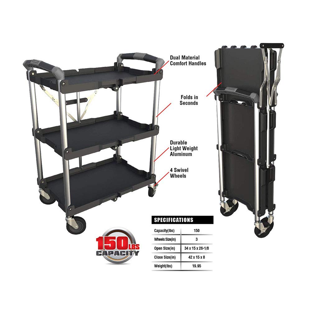 Olympia Tools 85-188 Pack-N-Roll Folding Collapsible Service Cart, Black, 50 Lb. Load Capacity per Shelf - WoodArtSupply