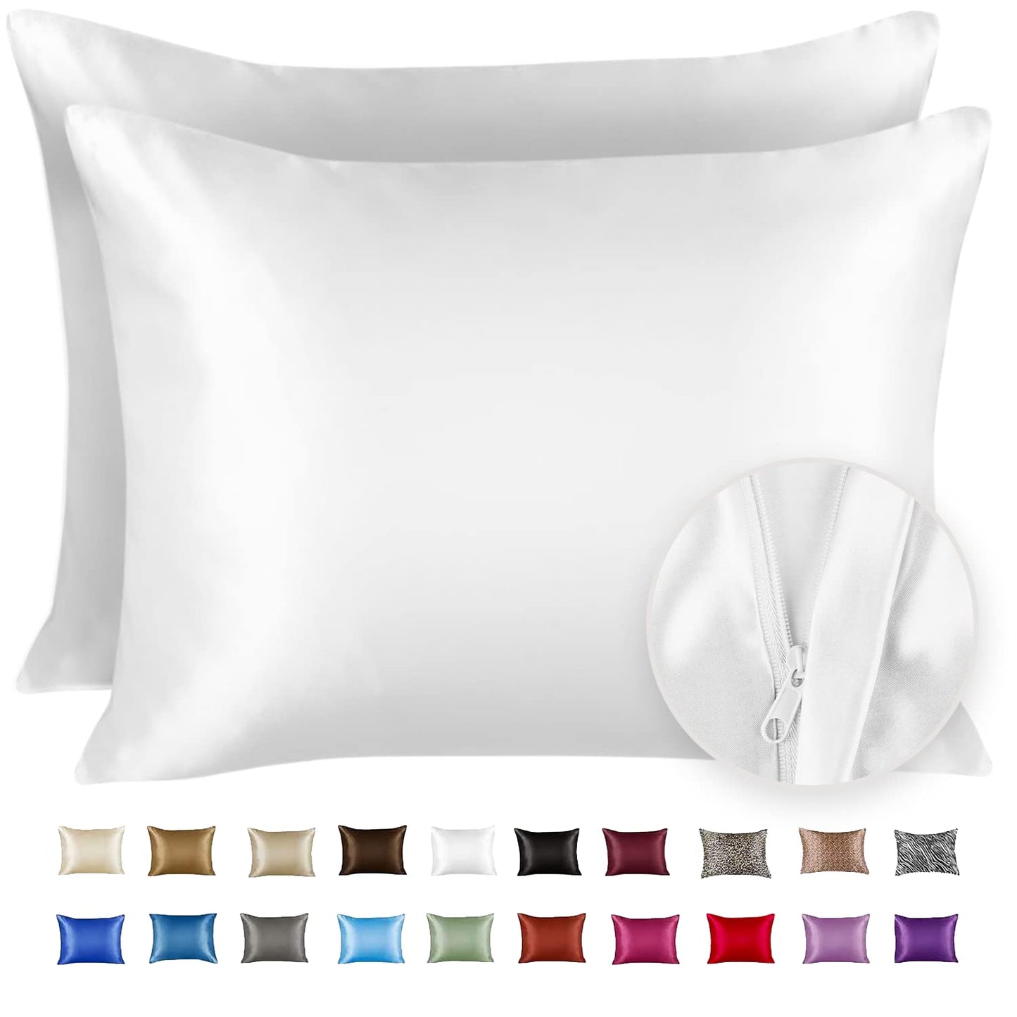 ShopBedding Satin Pillowcase for Hair and Skin Silk Pillowcases - 2 Pack, Satin Pillowcases with Zipper Closure, Satin Pillow Case Cover, Standard Satin Silk Pillowcase for Hair & Skin, White