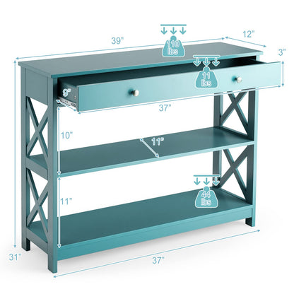 Giantex Console Table 3-Tier W/Drawer and Storage Shelves, X-Design Entryway Table for Hallway, Living Room and Bedroom Sofa Side Table (Blue)