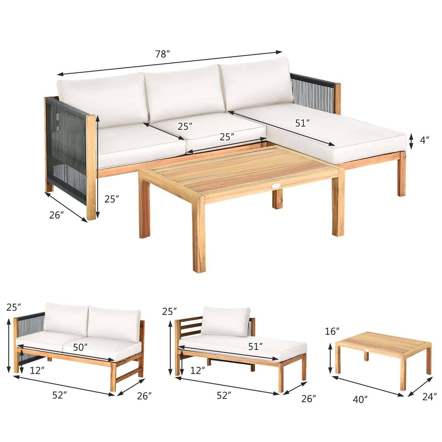 Tangkula L Shape Outdoor Furniture Set, 3 Piece Acacia Wood Patio Conversation Set, with 2 loveseats and Coffee Table, Garden Backyard Poolside Patio Seating Set (White) - WoodArtSupply