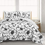 Lush Decor Scandinavian Floral Quilt Queen Size Reversible 3 Piece Set Full/Queen Black & White - Floral Bedding Set Queen Quilt - White Bedding Lush Decor