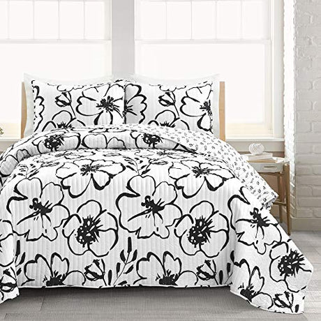 Lush Decor Scandinavian Floral Quilt Queen Size Reversible 3 Piece Set Full/Queen Black & White - Floral Bedding Set Queen Quilt - White Bedding Lush Decor