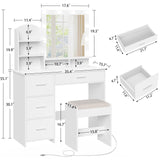 Quimoo Makeup Vanity with 10 Light Bulbs and Charging Station, Vanity Desk with Lighted Mirror & 4 Drawers Chest, Vanity Set, Vanity Table Set with Cushioned Stool, for Bedroom,White Quimoo