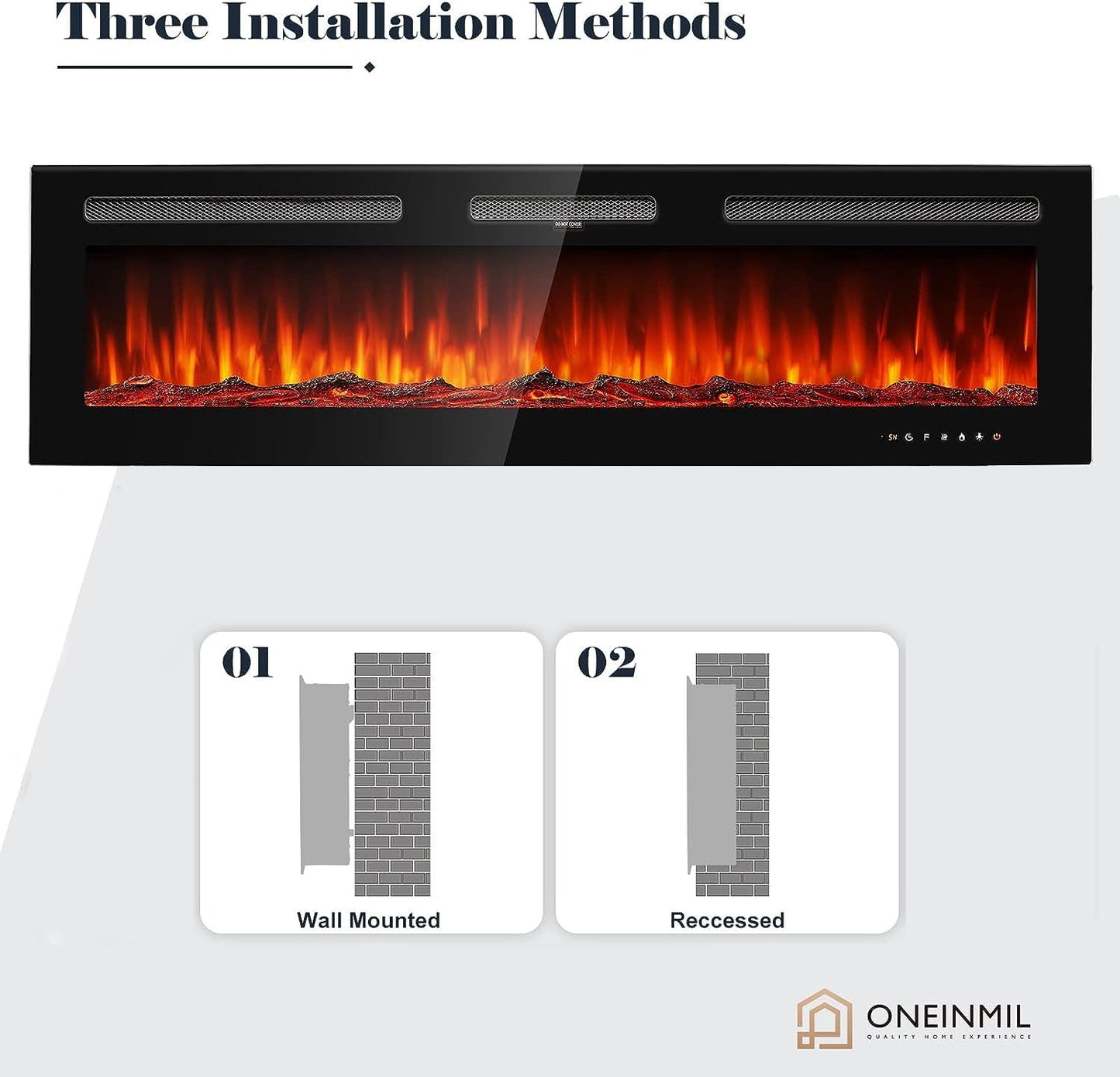 oneinmil Electric Fireplace, 60 inch Wide Recessed and Wall Mounted Electric Fireplace, 750W/1500W, 12 Color Flame, Remote Control, Log Set & Crystal