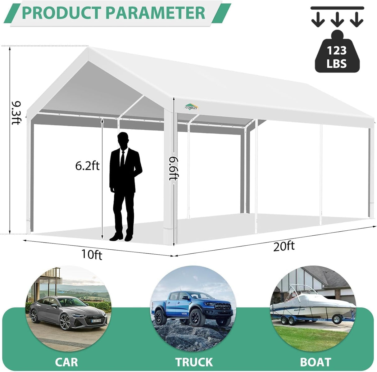 COBIZI Carport 10x20ft Heavy Duty Portable Garage, 2.0 Powder Coated Frame(Better Than Galvanized), Waterproof Shelter with Built-in Sandbags, for Car/Boat/SUV, White COBIZI