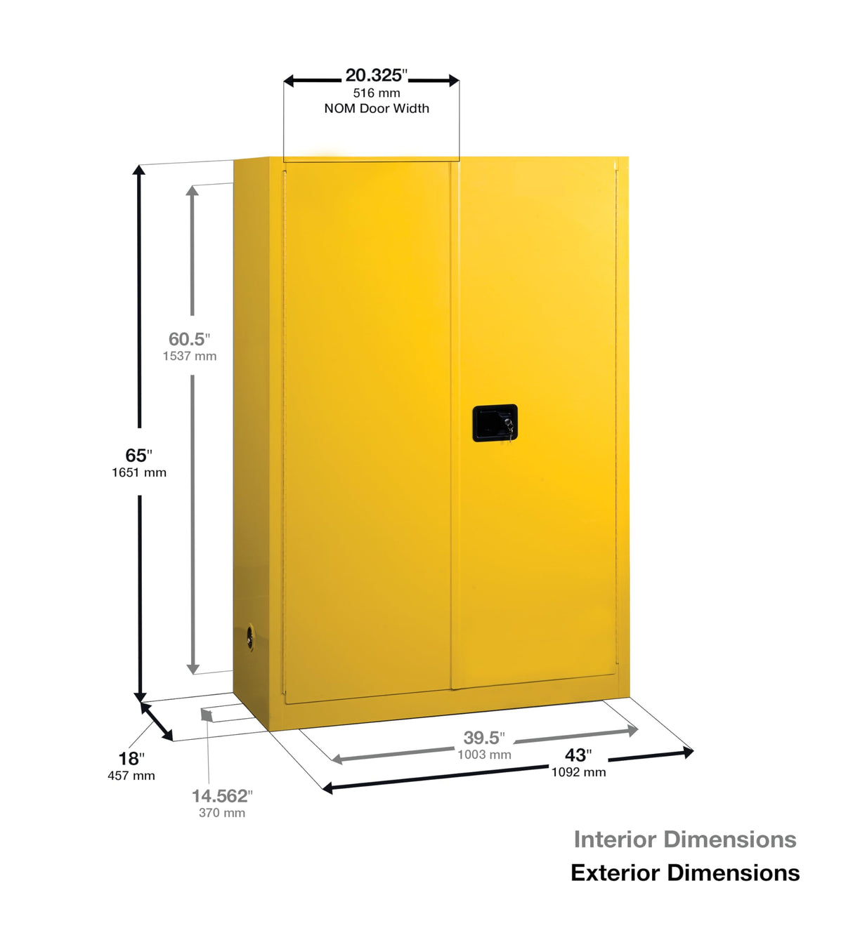 Justrite 45 Gallon Manual Close Flammable Storage Cabinet, 18 Gauge Steel, 2 Shelves, 2 Door Fire Cabinet, 65" x 43" x 18", Made in The USA, Yellow, 894500 Justrite