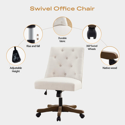 HUIMO Home Office Chair Upholstered Swivel Desk Chair with Wheels Chenille Fabric Adjustable Height Computer Chair with Wooden Legs Comfortable Armless Chair for Studio Study Home Office (Bei - WoodArtSupply