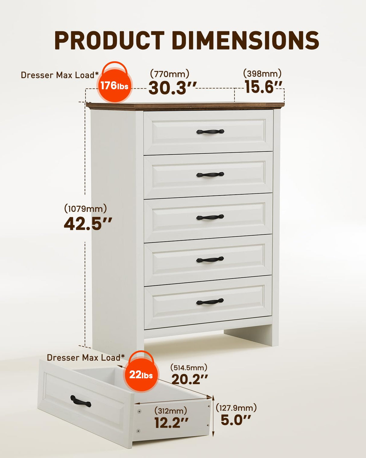 Amada 5 Drawer Dresser for Bedroom with Wood Drawers, Supports up to 22 lbs per Drawer, Anti-Tip Design for Safety, 5 Farmhouse Dresser Drawer Unit for Bedroom, Nursery, Living Room, Brown and White AMADA HOMEFURNISHING