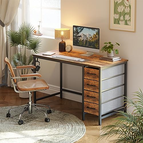 CubiCubi 47 Inch Computer Desk with 4 Drawers, Home Office Small Desk with Storage, Modern Study Writing Desk, Rustic Brown - WoodArtSupply