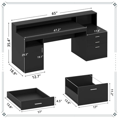 YOMILUVE Computer Desk with Drawers, 65'' Office Desk with File Drawer, Cabinet, Printer Stand, Study Writing Desk with Monitor Stand, Black