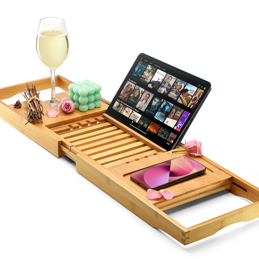 Luxury Foldable Bathtub Tray Caddy - Waterproof Wooden Bath Organizer for Wine, Book, Soap, Phone - Expandable Size Fits Most Tubs