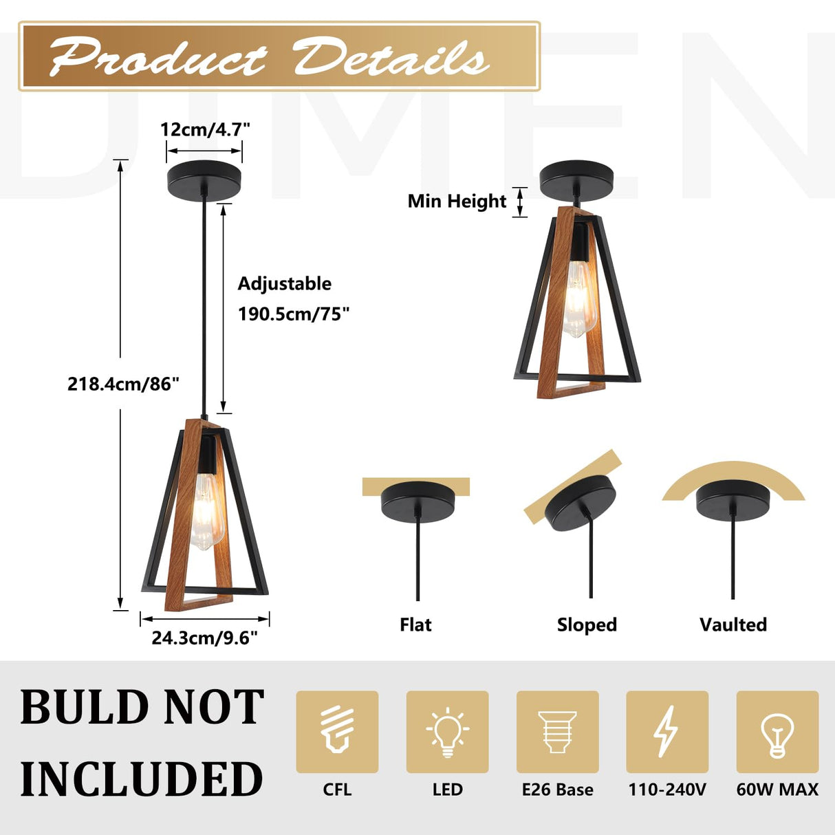 Magiroz Industrial Farmhouse Black and Wood Pendant Lights Kitchen Island 1 Light Adjustable Rustic Mini Wooden Hanging Light Fixtures Kitchen Single Pendant Lighting Over Island MPL28-1 (1 Pack) Magiroz