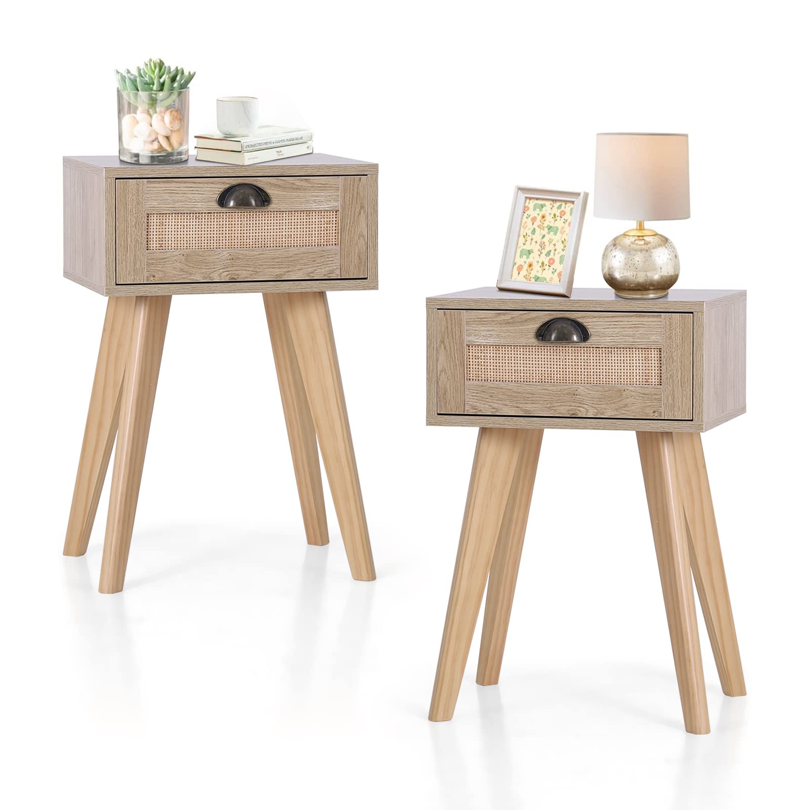 Sophia & William Rattan Nightstands Set of 2 Side End Table Bedside Table with Rattan Drawer and Solid Wood Legs for Bedroom Living Room and Small Space - WoodArtSupply