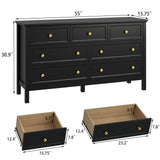 CARPETNAL Black Dresser for Bedroom, 7 Drawer Dresser with Wide Drawers and Gold Metal Handles, 55" Black and Gold Dresser TV Stand, Modern Dressers & Chests of Drawers for Hallyway, Entryway. CARPETNAL