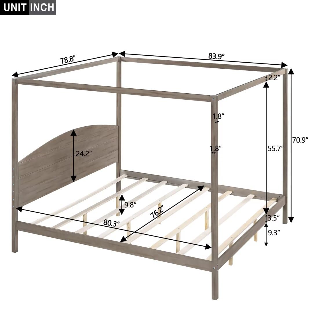 JIJIWANG King Size Canopy Bed Wood Platform Bed Frame with Headboard and Slat Support Leg, 4 Posters King Bed Frame for Kids Teens Adults - Brown Wash JIJIWANG