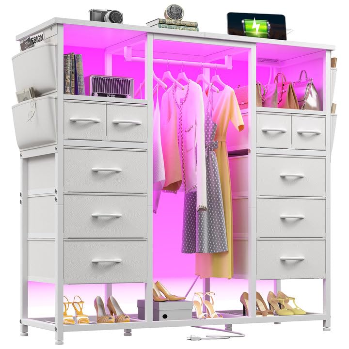 Romorgniz White Dressers for Bedroom with Hanging Rack, 10 Drawers Dresser with LED Lights & Charging Station, Chest of Drawers & Wooden Top, Bedroom, 15.8" D x 47.3" W x 51.2" H Romorgniz