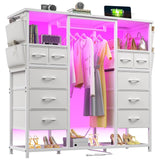 Romorgniz White Dressers for Bedroom with Hanging Rack, 10 Drawers Dresser with LED Lights & Charging Station, Chest of Drawers & Wooden Top, Bedroom, 15.8" D x 47.3" W x 51.2" H Romorgniz