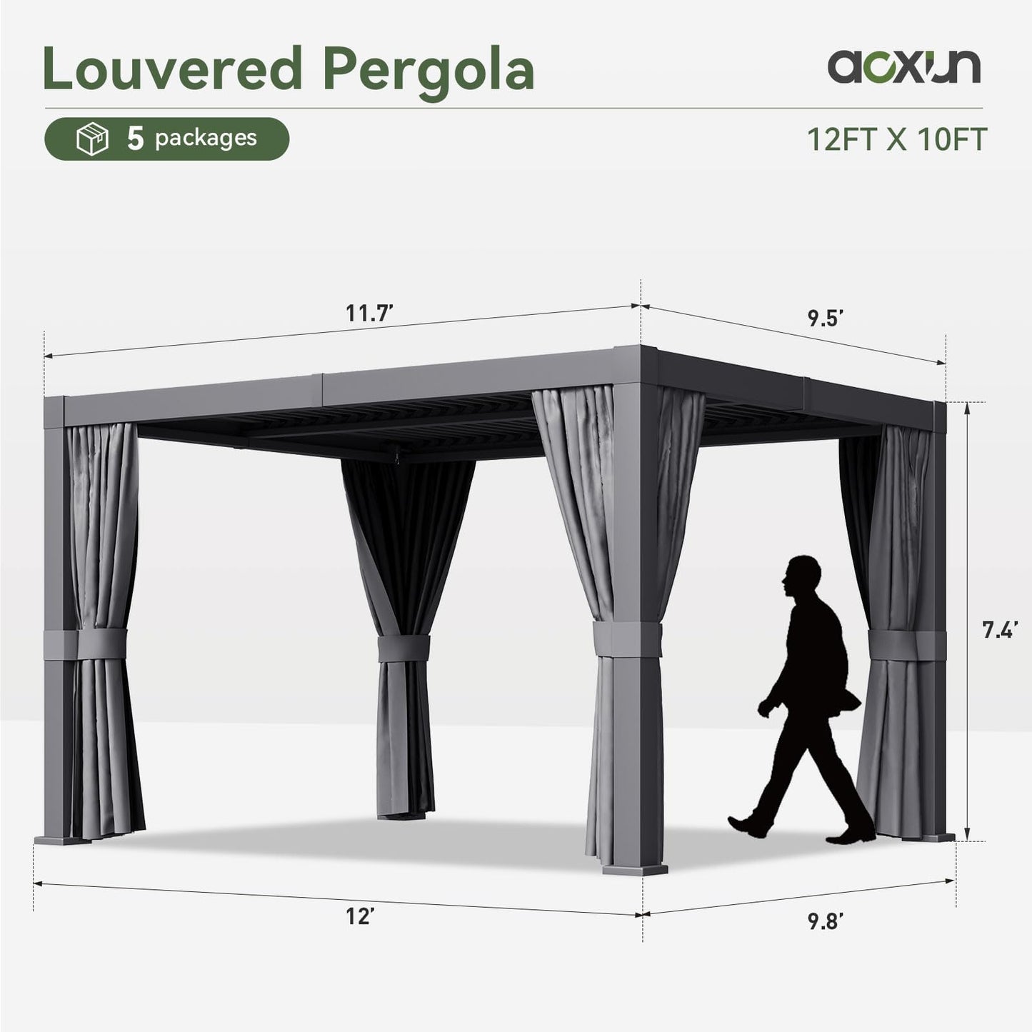 Aoxun Louvered Pergola 10' x 12' Outdoor Aluminum Pergola with Adjustable Top for Decks, Gardens and Backyards, Gray - WoodArtSupply