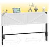 MAHANCRIS Queen Size Headboard Only, Headboard with 2 Outlets and 4 USB Ports, Farmhouse Headboard, with LED Lights, Secure Storage with Raised Fence, with Bed Frame Adapter, White and Black MAHANCRIS