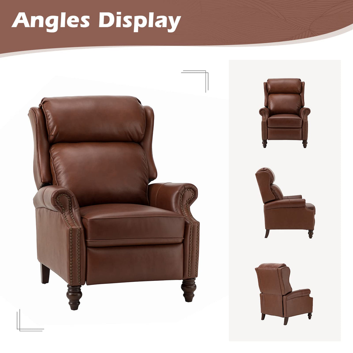 HULALA HOME Genuine Leather Recliner Chair, Traditional Manual Pushback Comfy Seating for Living Room, Thick Cushion & Solid Wood Legs, Wingback Recliner with Nailhead Trim, Brown HULALA HOME