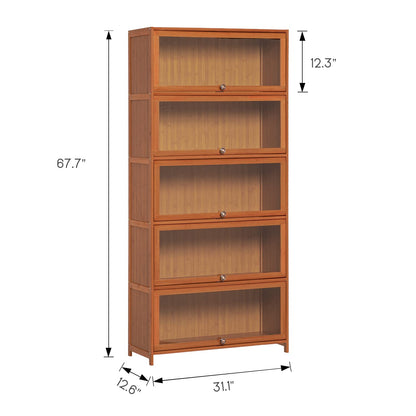 MoNiBloom Bamboo Bookcase with Acrylic Doors 5 Tier Free Standing Book Shelf Storage Organizer for Living Room Office Bedroom, Brown - WoodArtSupply