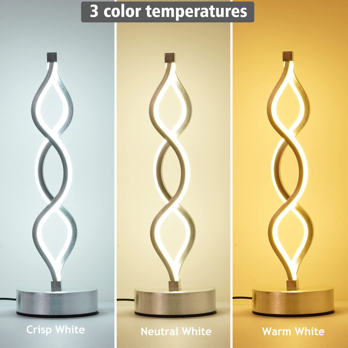 NUÜR Infinity Spiral LED Table Lamp Silver, Dimmable Metallic Bedside Lamp with Touch Controller, 3 Colour Temperature, 15.8 Inch Height, Decorative Lamp for Home, Living Room NUÜR