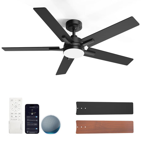 Geinself 52 Inch Ceiling Fan with Light, Black Smart Ceiling Fan with 5 Two-Sided Blades, LED Fan with Remote & Alexa, High CFM Ultra Quiet Large Fan for Bedroom, Living Room Geinself