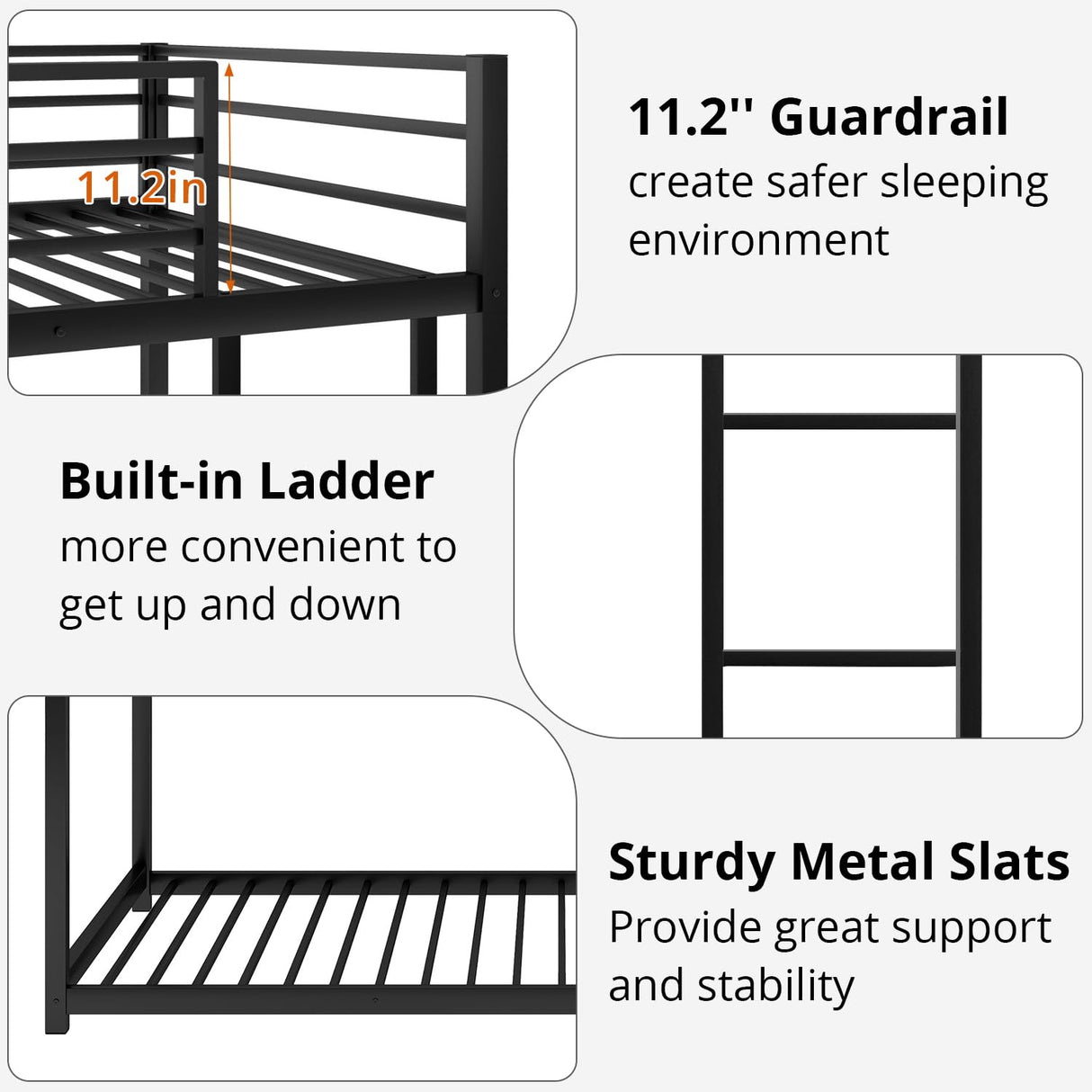 INCLAKE Twin Over Twin Bunk Bed, Heavy Duty Metal Bunk Bed Frame with Built-in Ladder and Safety Guard Rail, Low Bunk Bed for Teens Adults, Noisy Free & No Box Spring Needed, Black INCLAKE
