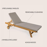 JONATHAN Y LNG1000D Mallorca 77.56"x23.62" Modern Classic Adjustable Acacia Wood Chaise Outdoor Lounge Chair with Cushion & Wheels Coastal, Bohemian, Minimalist, Traditional, Dark Gray/Natural JONATHAN Y