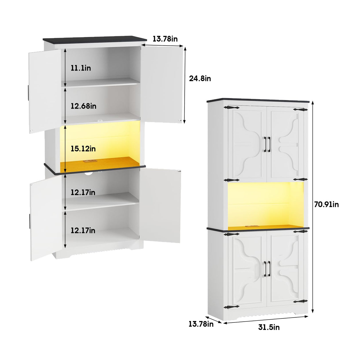 Fameill Farmhouse 71" Tall Kitchen Pantry Storage Cabinet with LED & Charging Station, Modern 4 Doors & Adjustable Shelves for Pantry Living Room Storage Hutch Cabinet, Free Standing Cabinet White Fameill