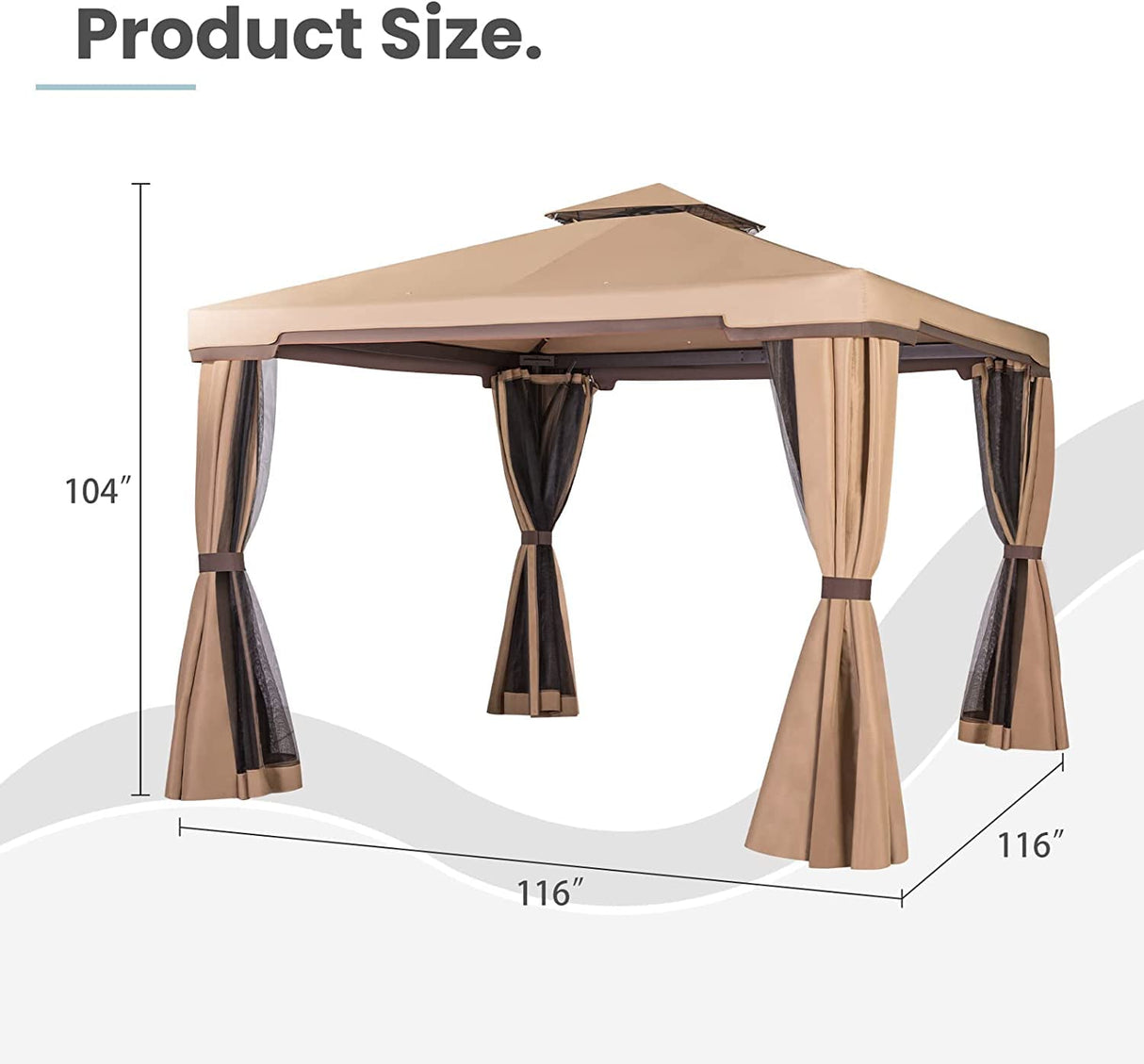 SUNCROWN 10 x 10 FT Outdoor Gazebo for Patio Iron Frame Garden Permanent Gazebo with Vented Soft Canopy and Mosquito Netting, Khaki SUNCROWN