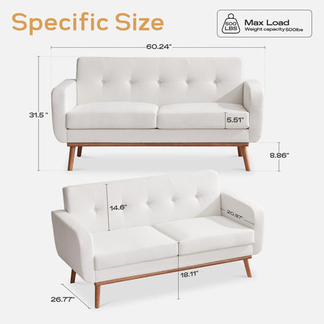 HUIMO 60'' Loveseat Sofa, Mid Century Modern Love Seat Couches for Living Room, Upholstered Love Seats Furniture with Solid Frame Button Tufted Small Couch for Bedroom Office Apartment (White) HUIMO