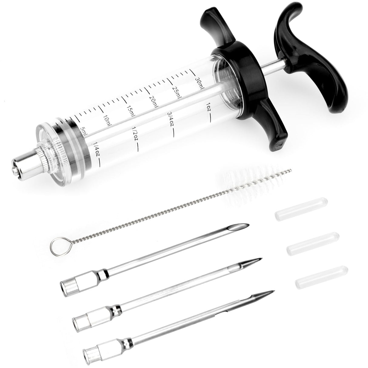 Turkey Meat Injector Syringe Kit with 3 Marinade Needles for BBQ Grill Smoker, 1 Cleaning Brush, 1 Oz/30 ml Large Capacity Injector Marinades for Meats Black TonJin