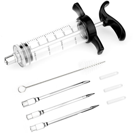Turkey Meat Injector Syringe Kit with 3 Marinade Needles for BBQ Grill Smoker, 1 Cleaning Brush, 1 Oz/30 ml Large Capacity Injector Marinades for Meats Black TonJin
