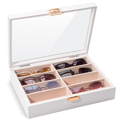 ProCase Wooden Sunglasses Organizer Trays for Men Women, Narrow Frame Glass Display Case Multiple Eyewear Eyeglass Holder Storage Box -White