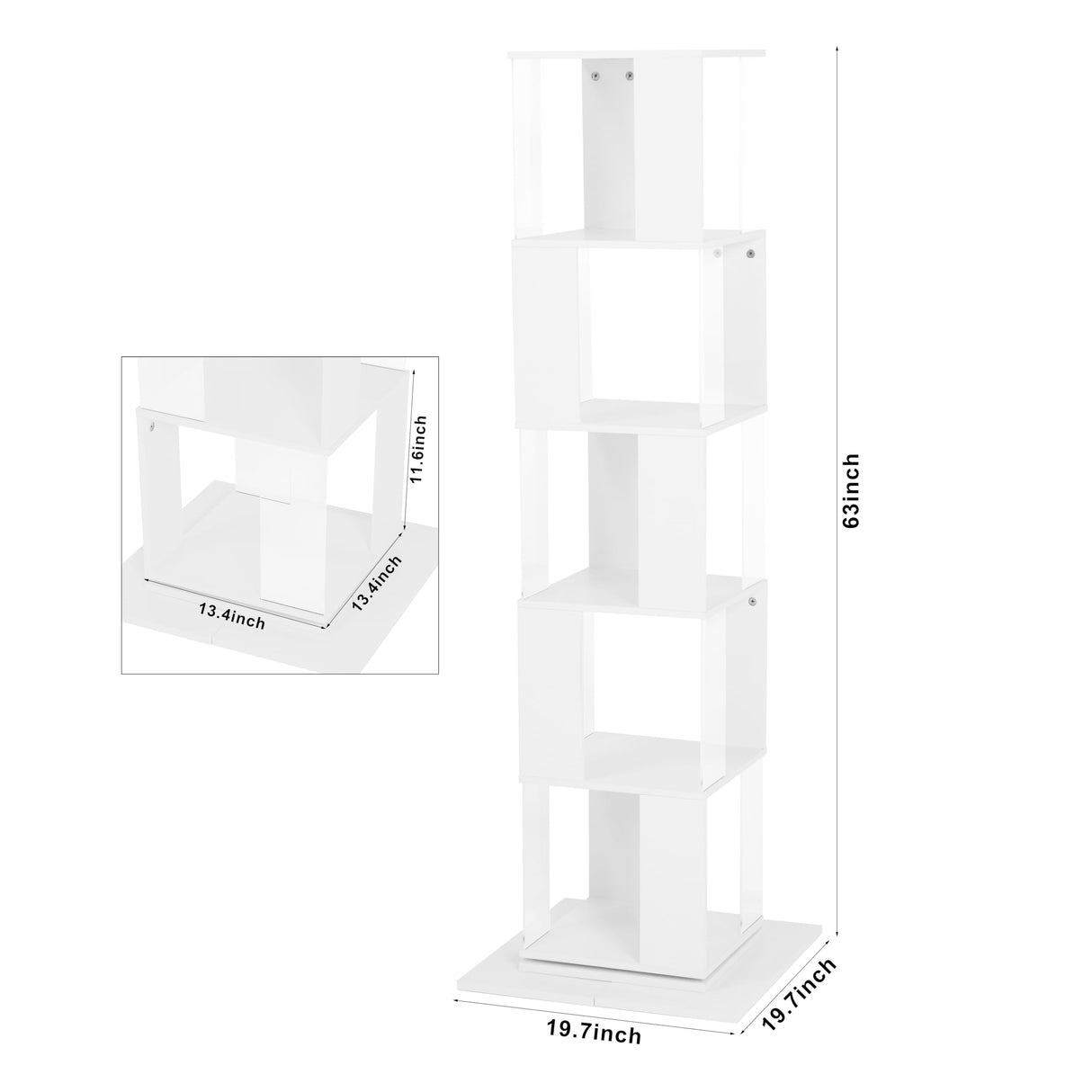 Rotating 360° Display Bookshelf by Rpuzonier - 5 Tier White Storage Rack with Acrylic Plates Rpuzonier