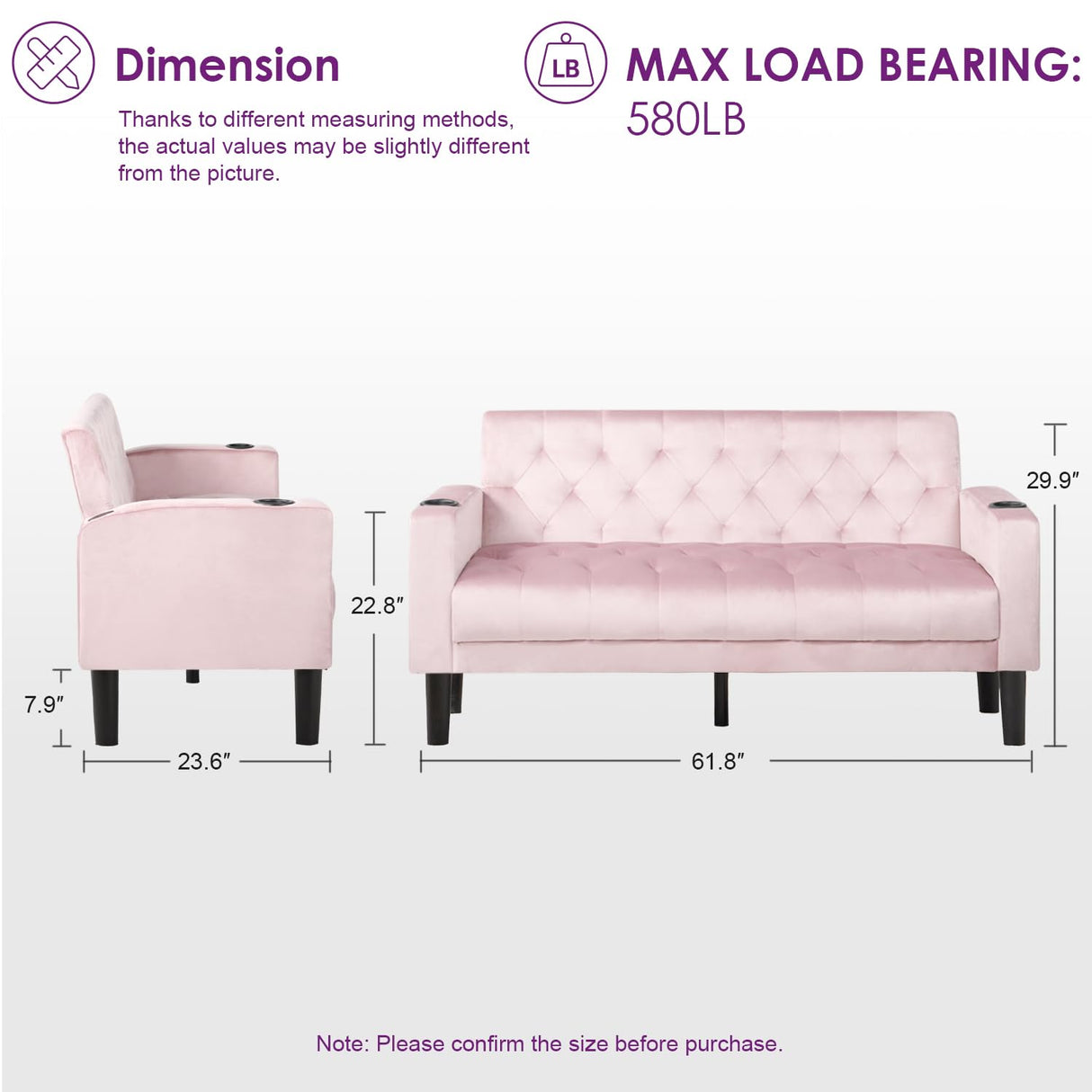 TYBOATLE 62" W Loveseat Sofa w/ 2 USB Charger Ports and 2 Cupholders, Mid-Century Modern Tufted Linen Fabric Small Love Seat Couches for Compact Living Room, Bedroom, Apartment, Dorm (Pink) TYBOATLE