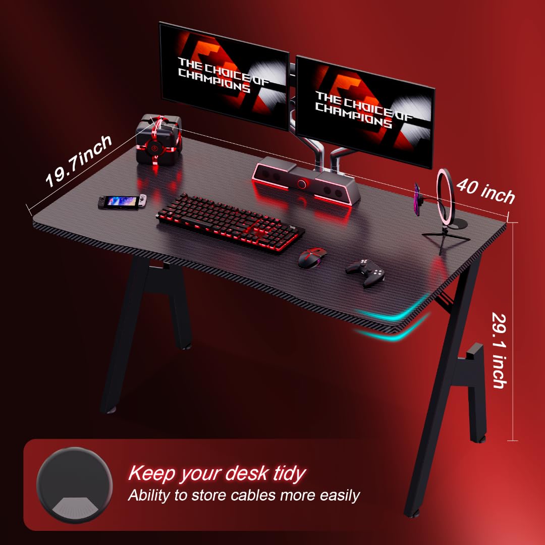 HLDIRECT 40 Inch Gaming Desk with Carbon Fibre Surface- A Shape Large Computer Desk Gaming Table Ergonomic Pc Gaming Workstation Home Office Desks HLDIRECT