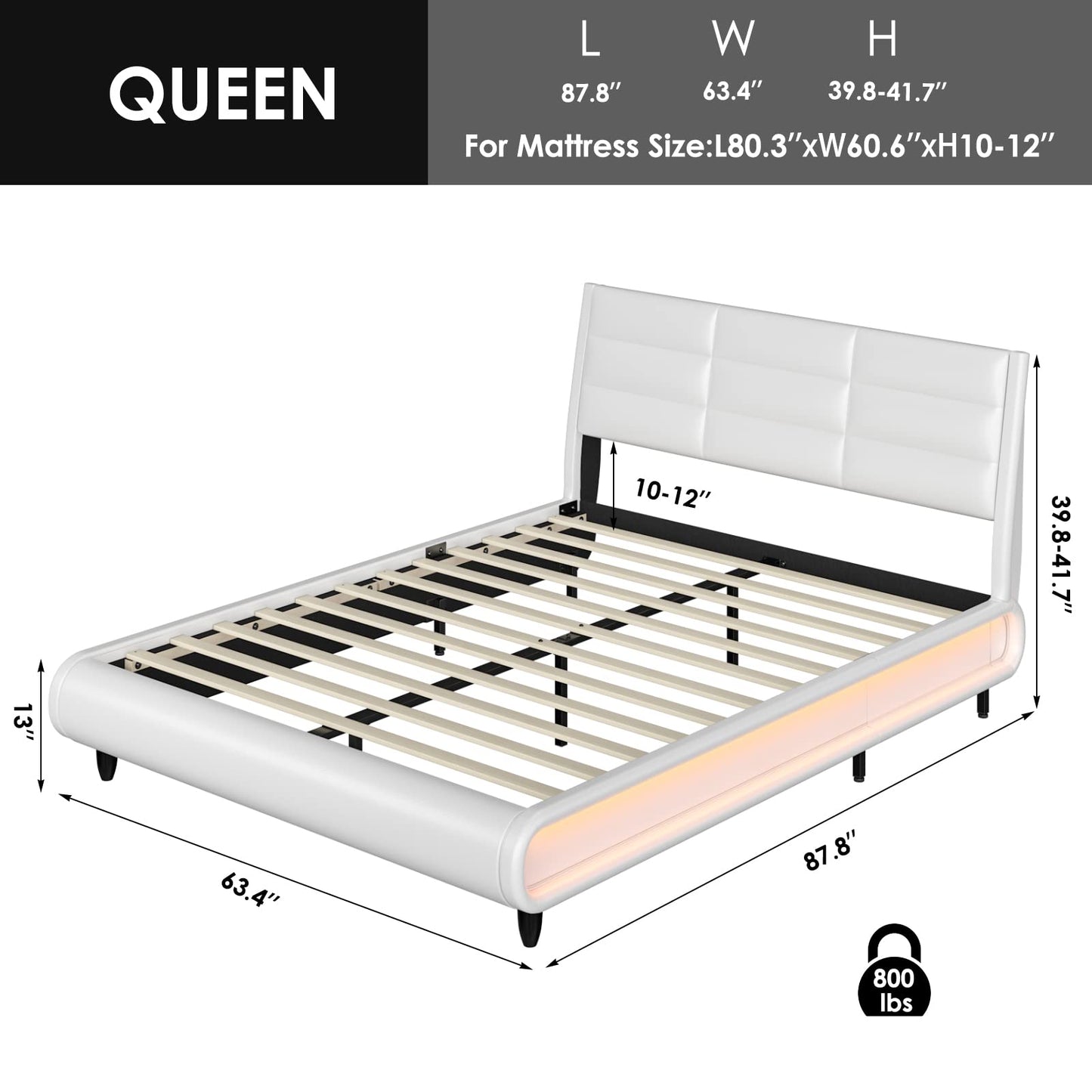 HOSTACK Queen Size Upholstered Bed Frame with Smart LED Lighting and Adjustable Headboard, Modern Low Profile Sleigh Design - WoodArtSupply