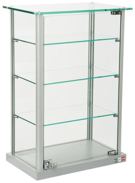 Small Curio Cabinet, Free Standing Glass Display Shelf, Adjustable, Aluminum (Silver Base) Displays2go