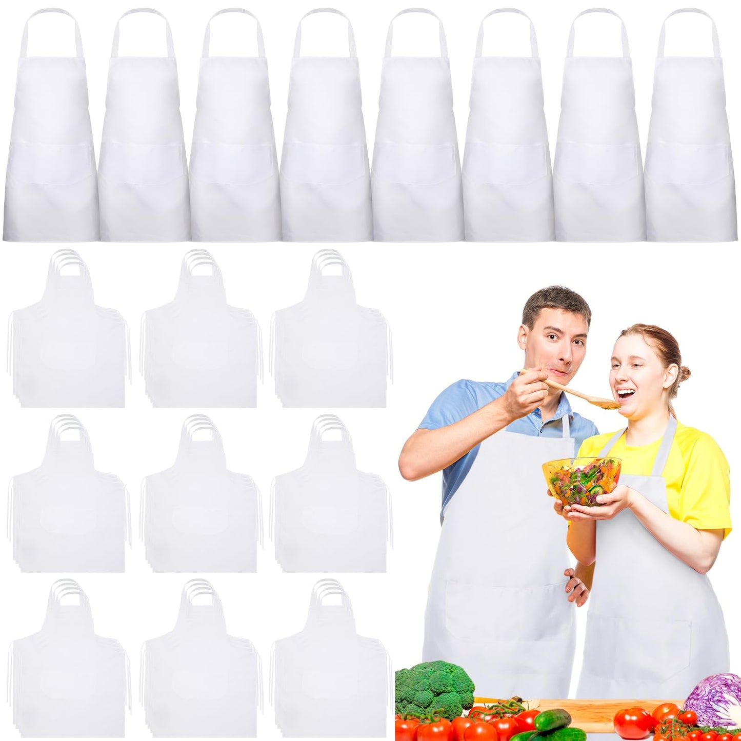 Bonuci 50 Pcs Plain Bib Aprons Bulk Kitchen Apron Unisex Painting Crafting Apron with 2 Front Pockets for Adult Chef Cooking (White)