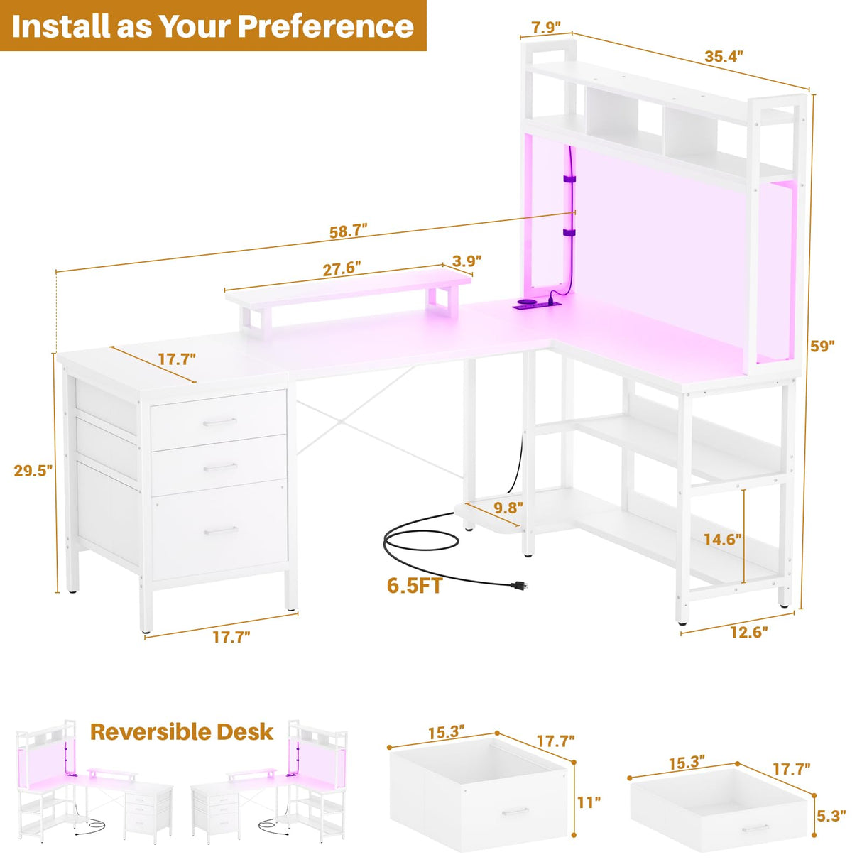 Aheaplus L Shaped Gaming Desk with Hutch and LED Lights, Reversible Design, Power Outlet, and Ample Storage in White Aheaplus