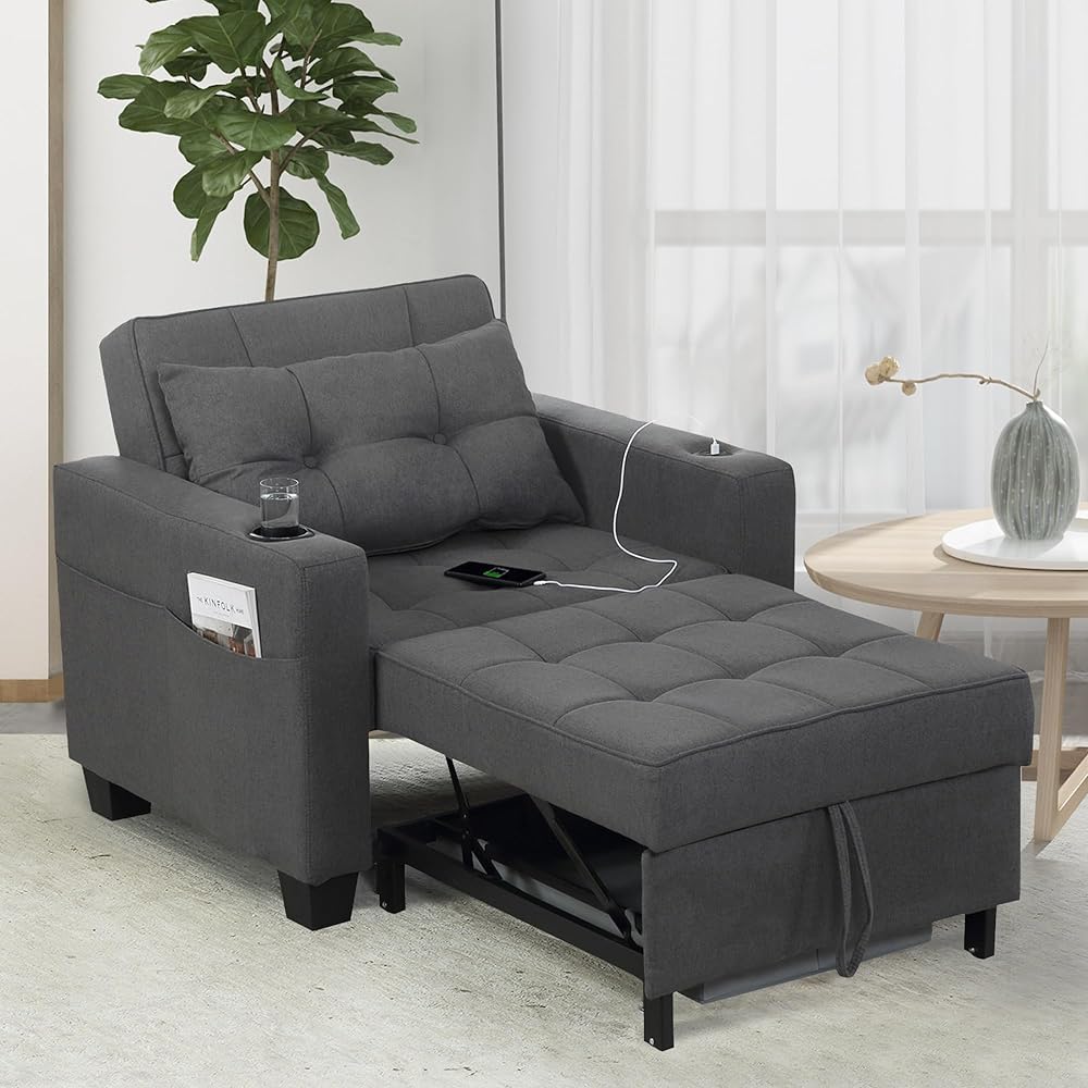 DURASPACE 39 Inch Sleeper Chair 3-in-1 Convertible Chair Bed Pull Out Sleeper Chair Beds Adjustable Single Armchair Sofa Bed with USB Ports, Side Pocket, Cup Holder (Dark Gray Linen) - WoodArtSupply