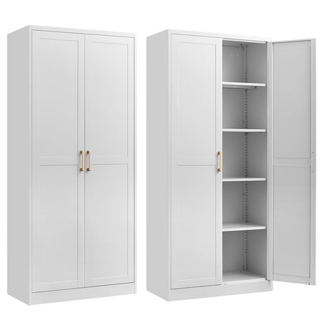 Kitchen Pantry Cabinet,71”White Metal Pantry Storage Cabinet with Doors and 4 Adjustable Shelves,Kitchen Cabinet with 2 Gold Handles,Tall Cabinet for Livingroom,Pantry, Bathroom,Kitchen SteeLoong