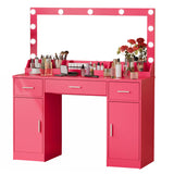 MIRROTOWEL 47.5” Vanity Desk with Large Mirror, 3 Colour Lighting Modes, Adjustable Brightness, Dresser with 3 Drawers & 2 Vertical Cabinets, Makeup Vanity Table for Women Girls Rose Pink MIRROTOWEL
