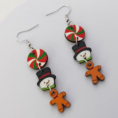 Zhang shine Christmas Theme Wooden Earrings for Women Snowman Santa Gingerbread Man Candy Gift Dangle Earrings for Christmas Holiday Party Decorations