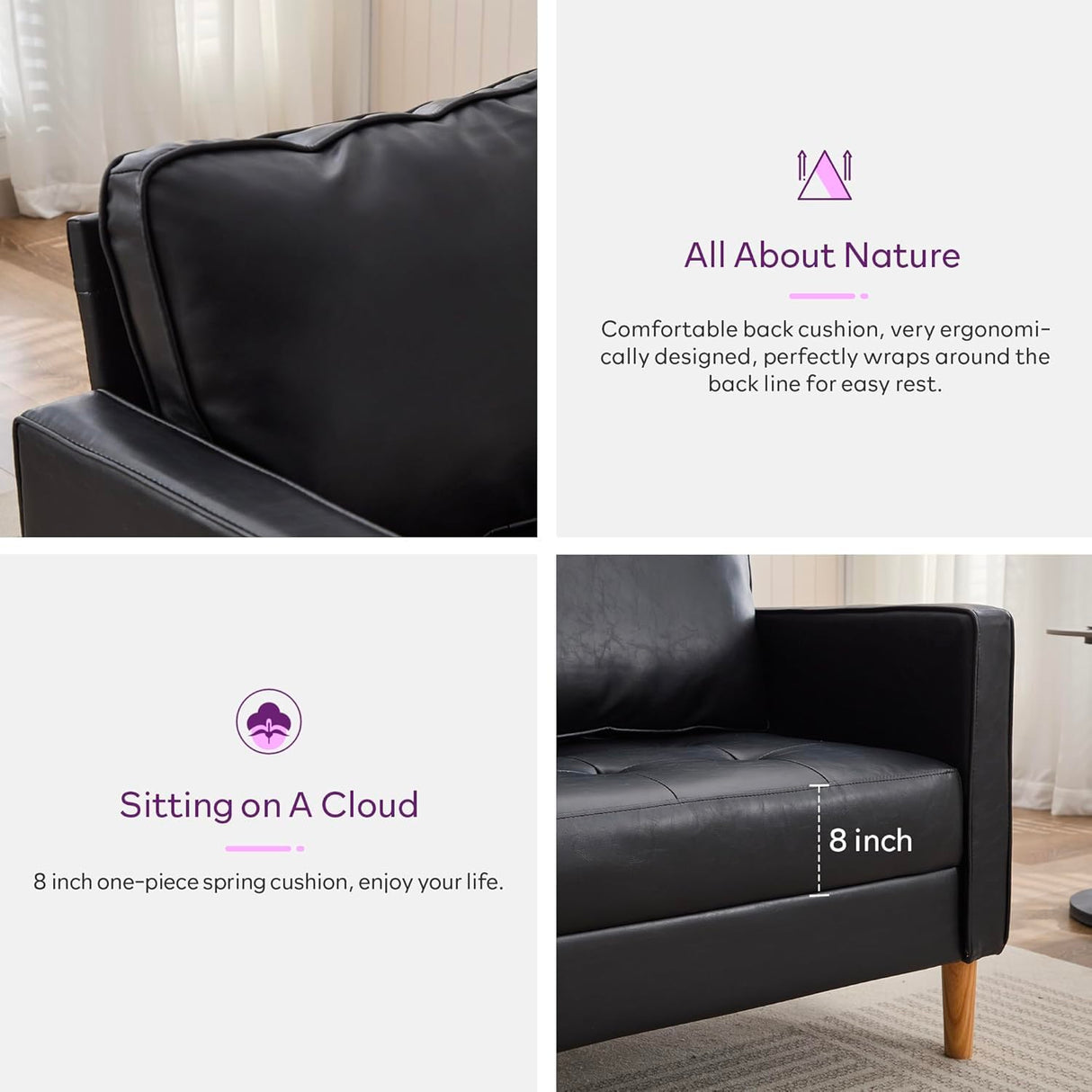 TYBOATLE 57" Small Black Faux Leather Sofa Couches, 3 Piece Living Room Set, Mid-Century Modern Tufted Comfy Loveseat, 2 Seater Office Couch Love Seat for Small Space Bedroom Drom Apartment TYBOATLE