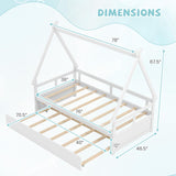 Giantex House Bed with Trundle Twin, Wood Montessori Bed Frame with Safety Guardrail, Low Kids Teepee Bed for Boys Girls Teens, No Box Spring Needed, White Giantex